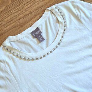 Chicos Long Sleeve T-Shirt Womens Size 1 (M 8-10) Pearl & Crystal Embellishments